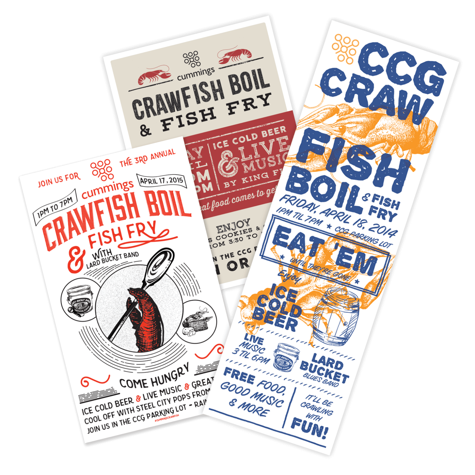 Posters for the annual company crawfish boil